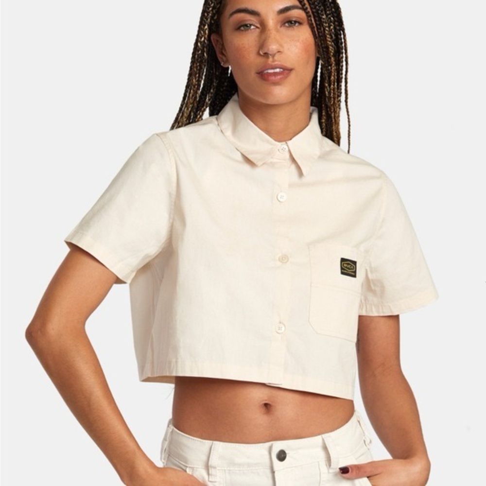 RVCA Light Cream Button-Up Crop Top